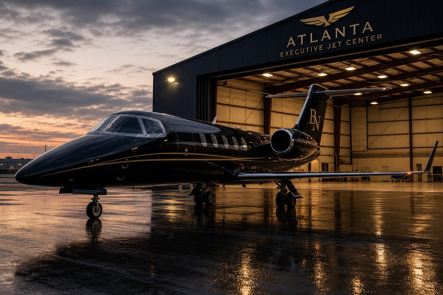 Black private jet with a gold BANK monogram on the tail