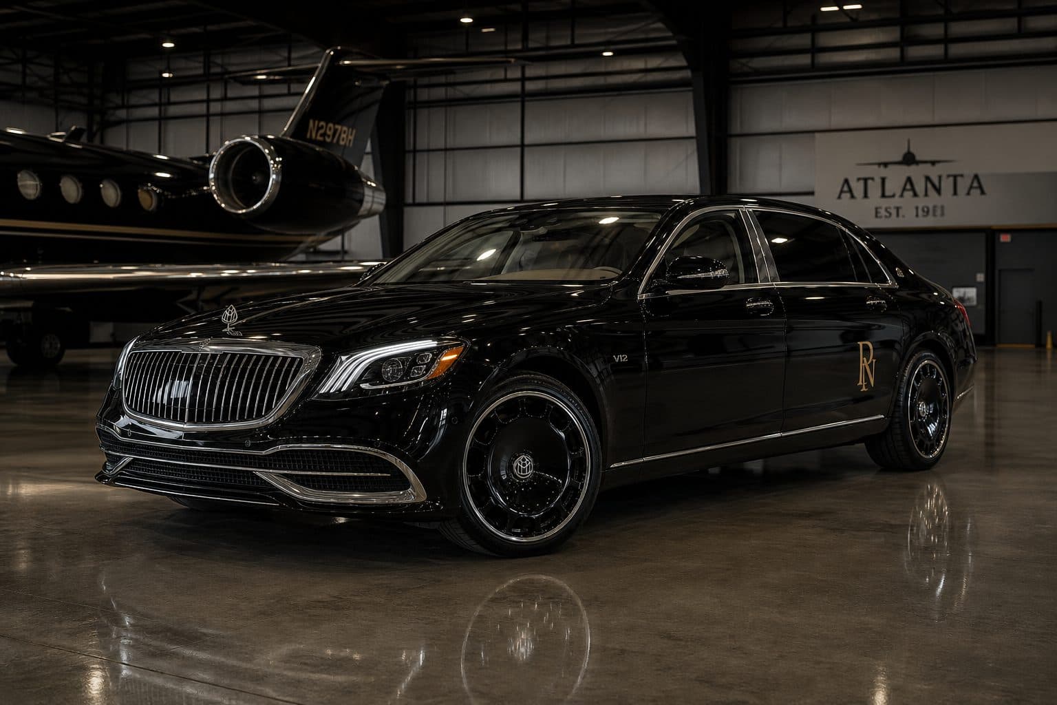 Black executive sedan with a gold BANK monogram