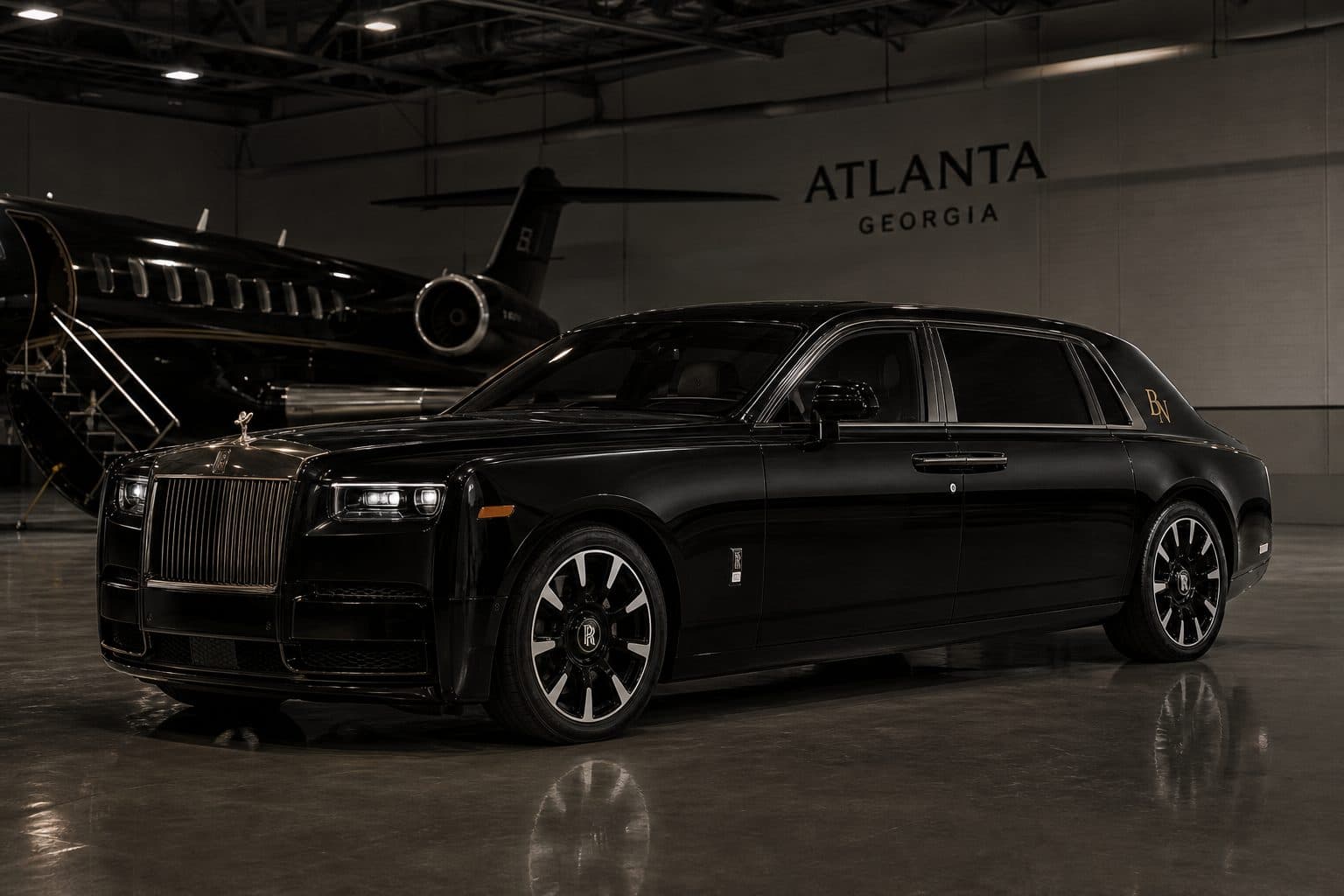 Black limousine with a gold BANK monogram